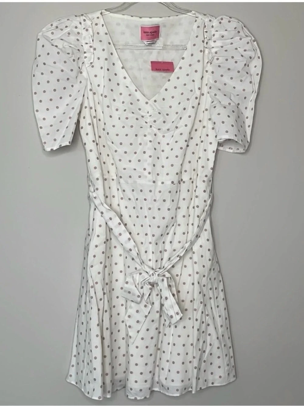 NWT Kate Spade New York dot cotton mini dress self-tie waist puff sleeves size s